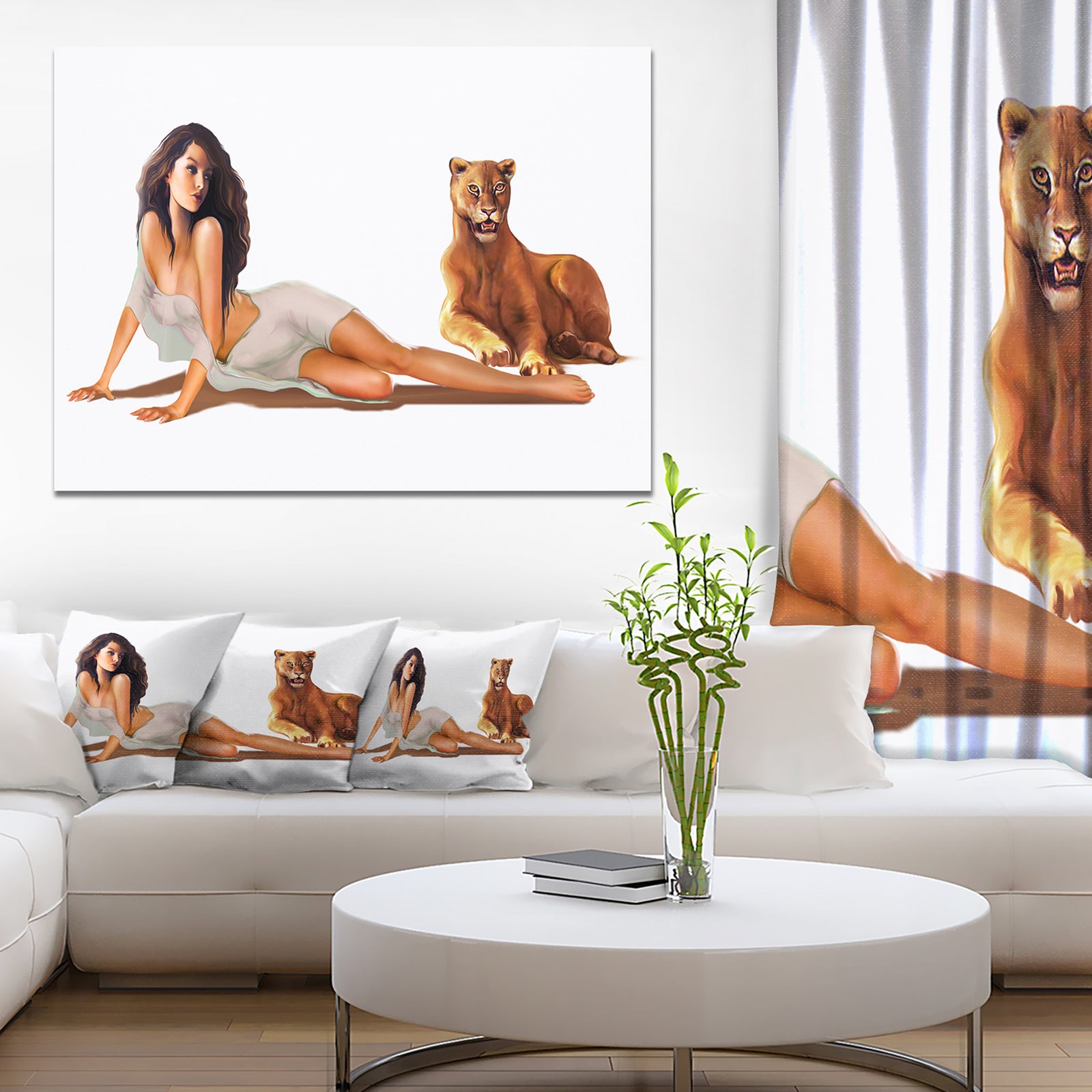 Sexy Woman with Lion - Portrait Digital Art Canvas Print