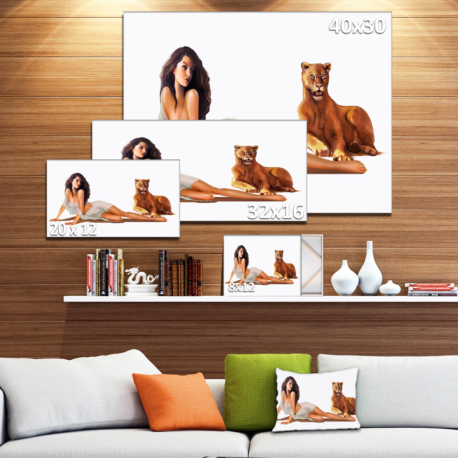 Sexy Woman with Lion - Portrait Digital Art Canvas Print