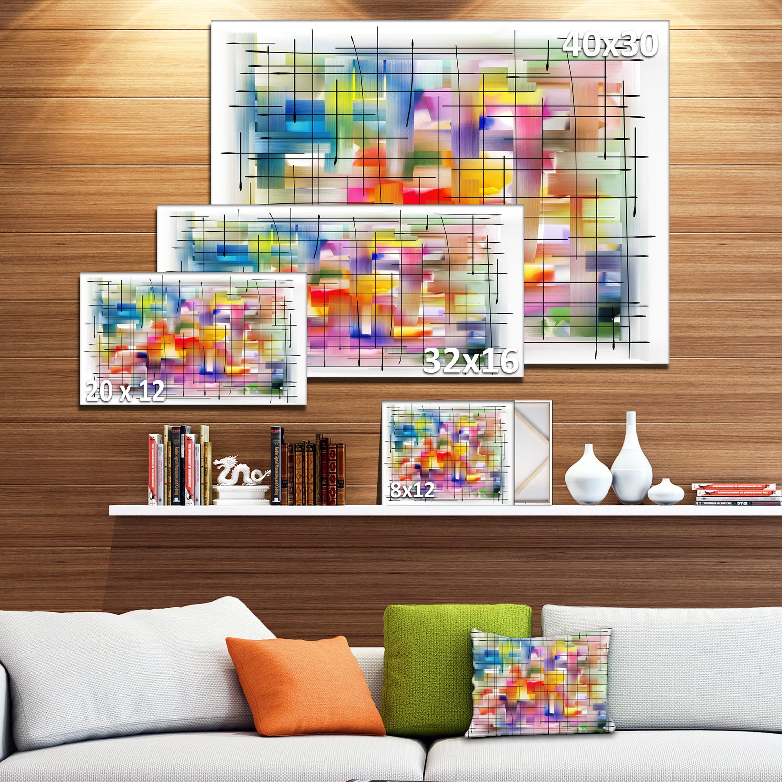 Colorful Stain Design with Grid - Abstract Painting Canvas Print