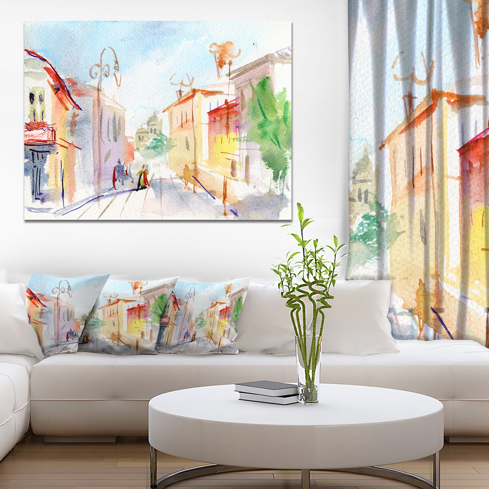 Illustrated Parisian Street - Watercolor Cityscape Canvas Print