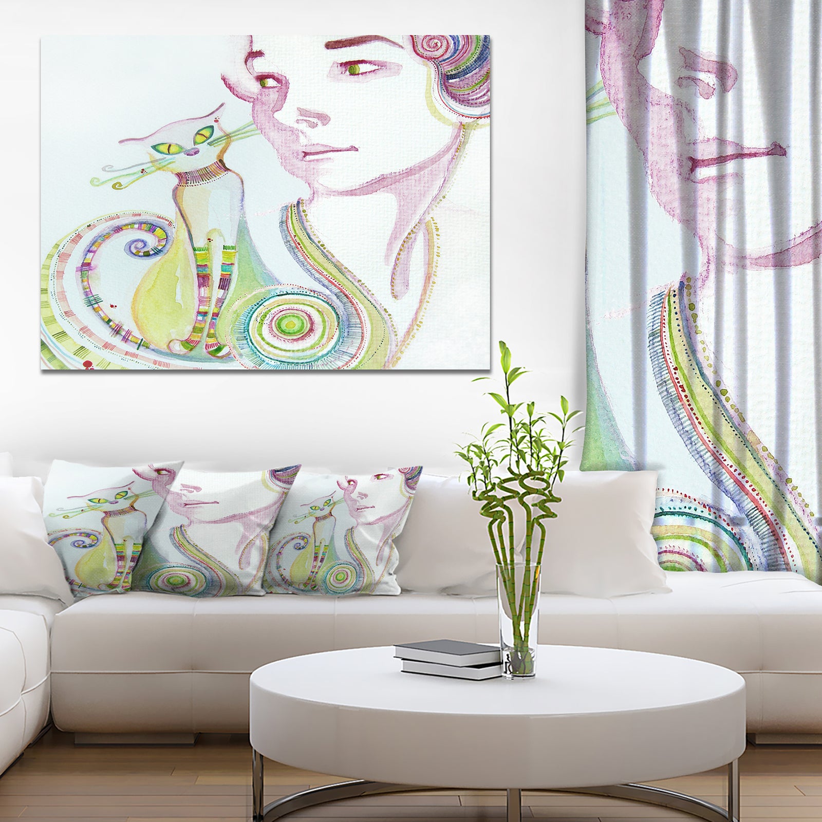 Cute Girl with Cat - Portrait Painting Canvas Print