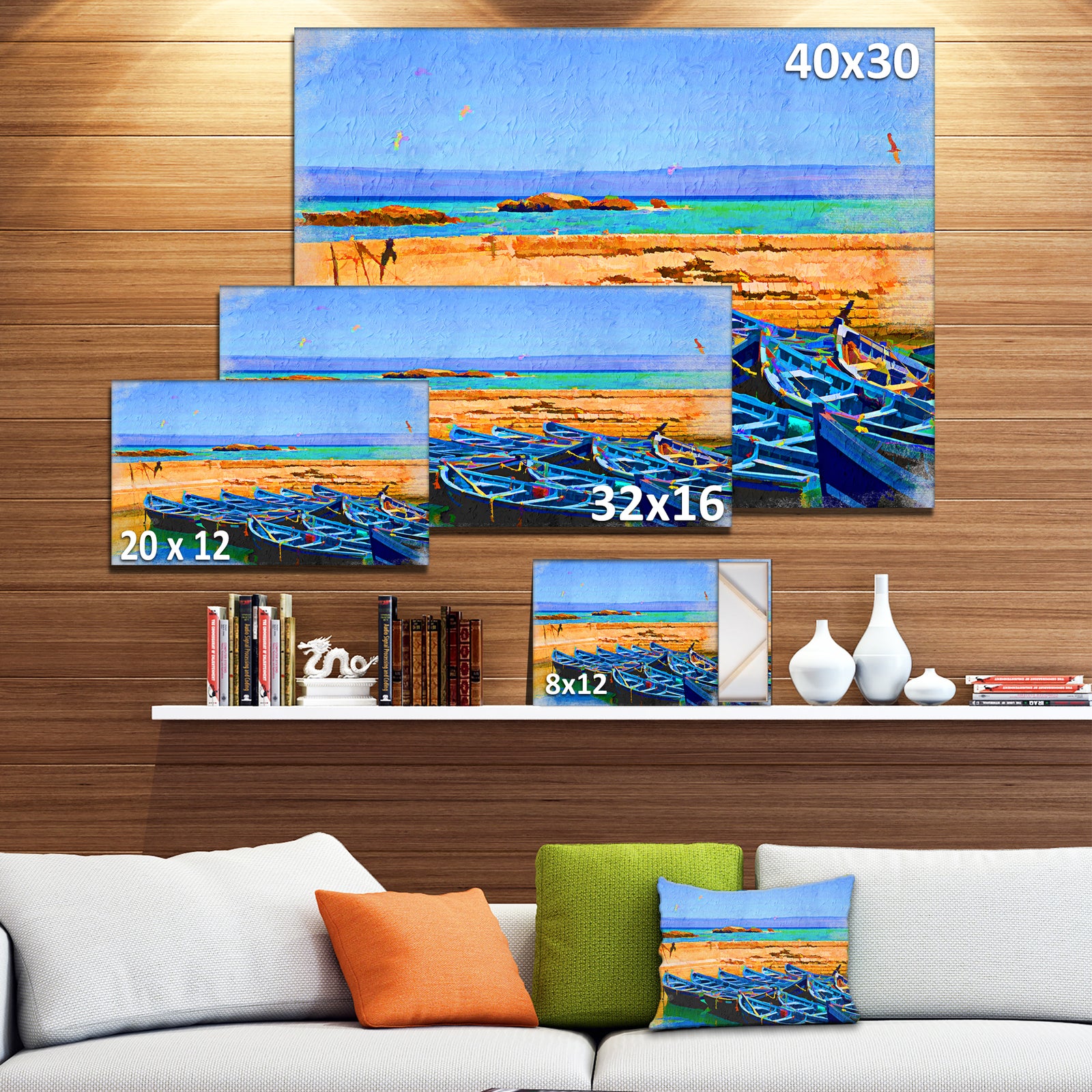 Blue Boats in Sea - Seascape Painting Canvas Print