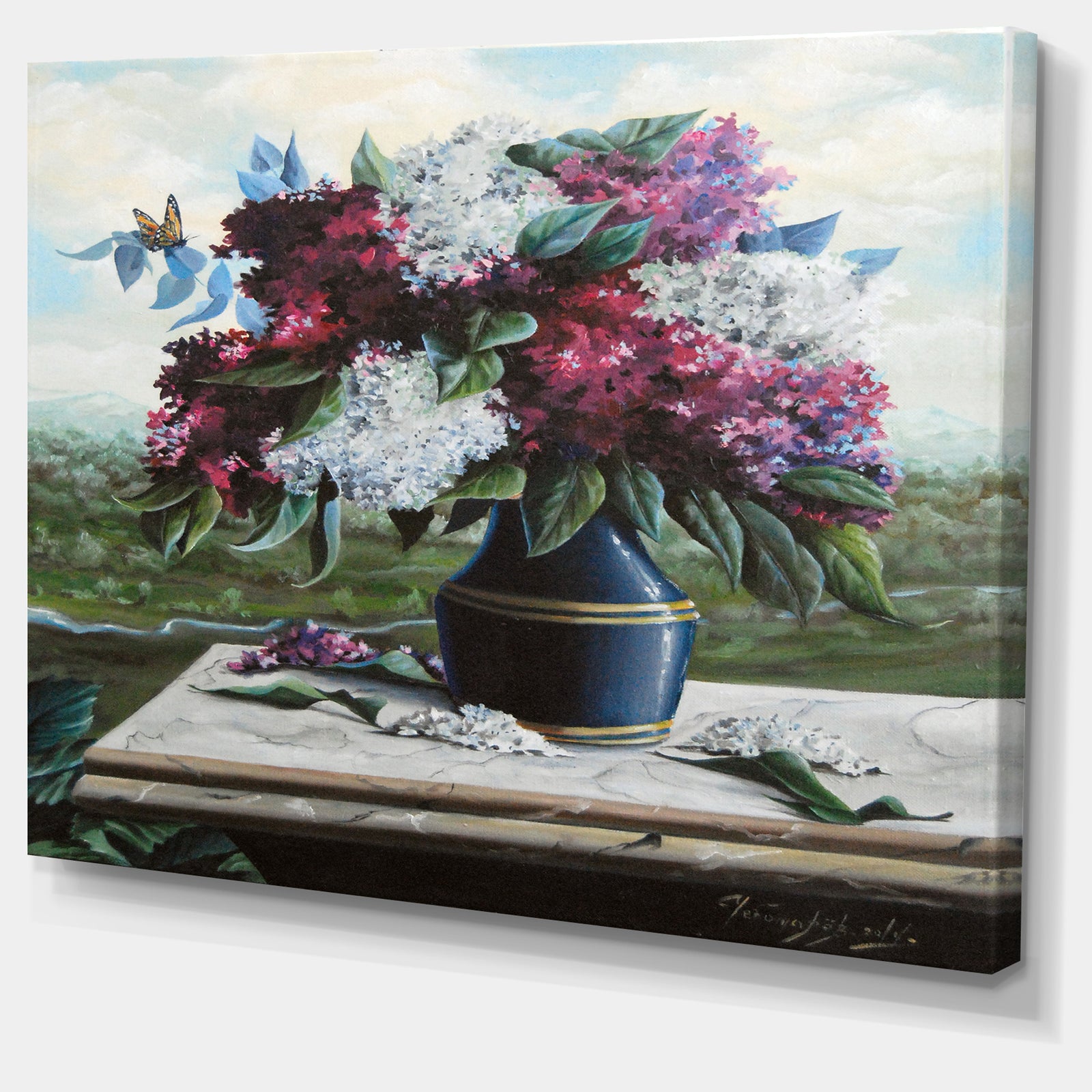 Lilac in Blue Jug - Floral Digital Art Canvas Print
