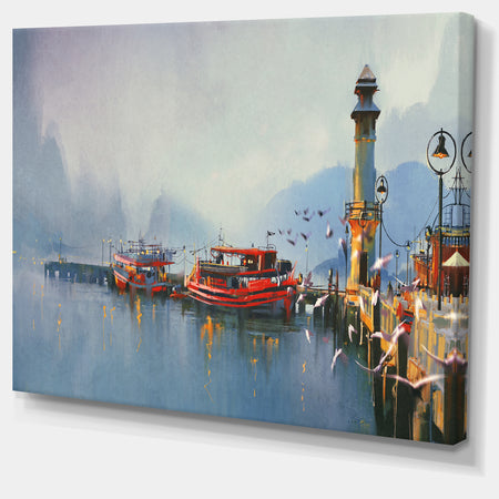 Fishing Boats in Harbor - Landscape Painting Canvas Print