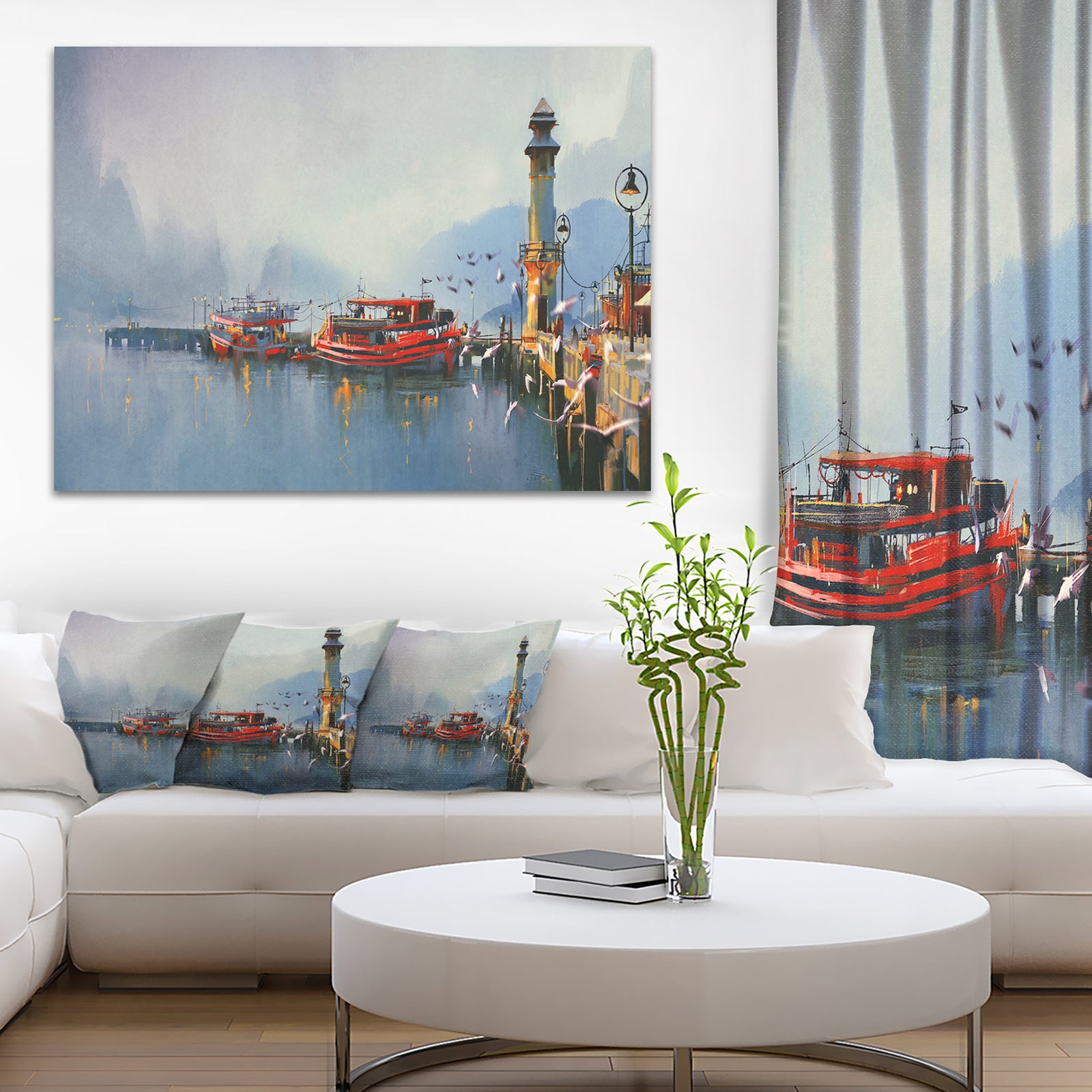 Fishing Boats in Harbor - Landscape Painting Canvas Print