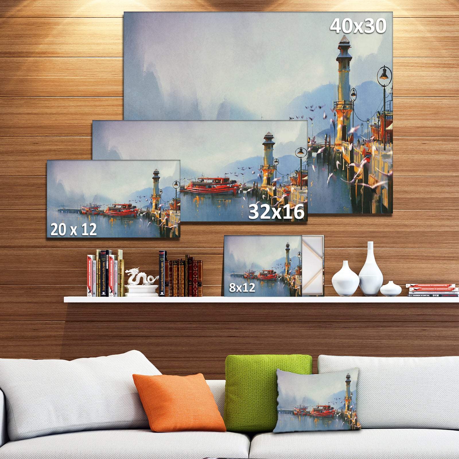 Fishing Boats in Harbor - Landscape Painting Canvas Print