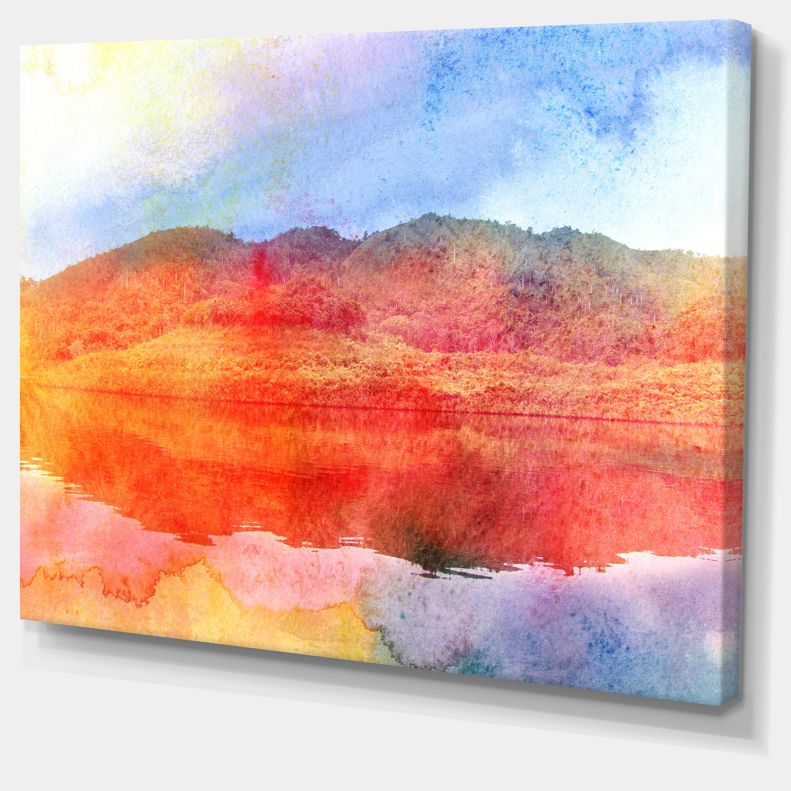 Red Retro Island Watercolor - Landscape Painting Canvas Print