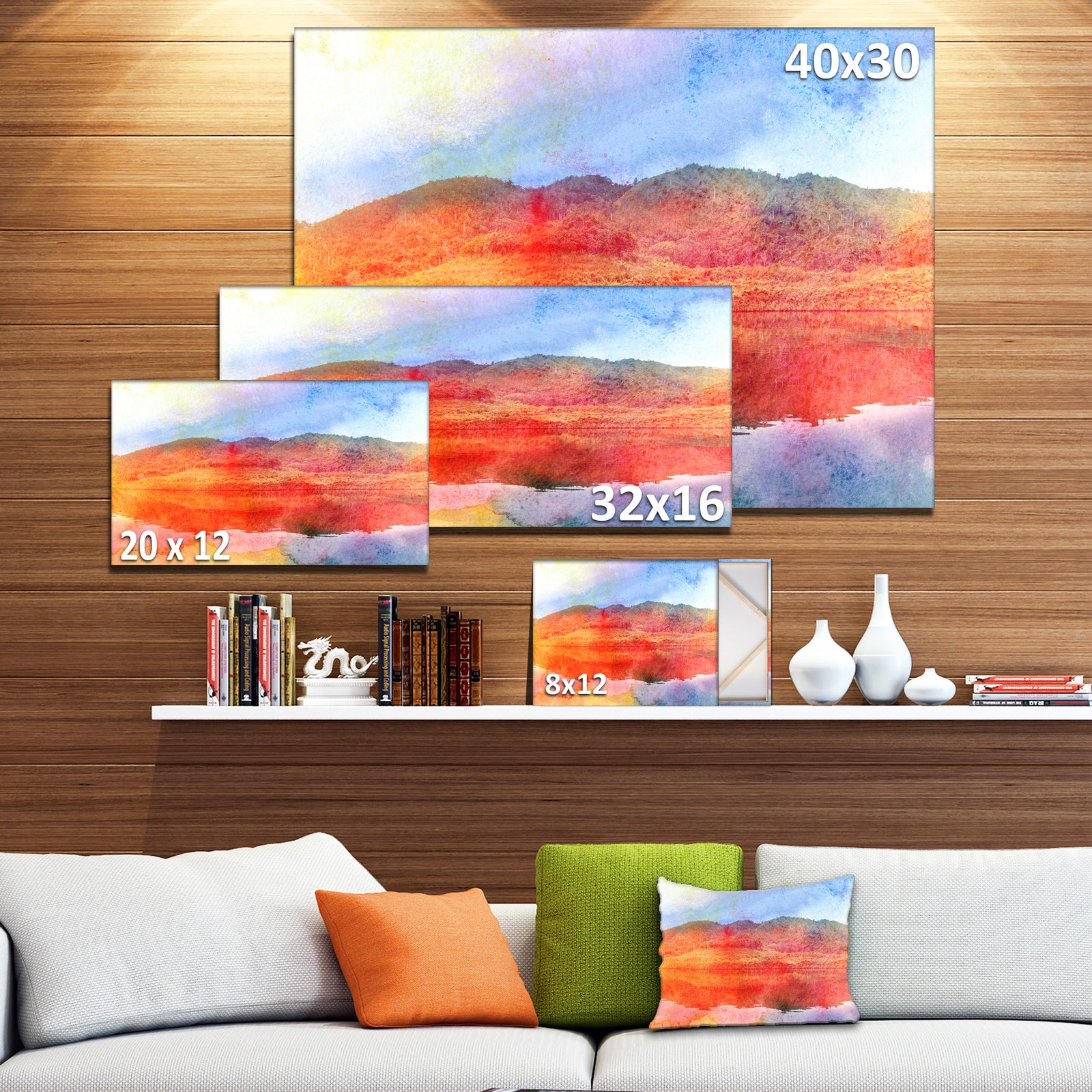 Red Retro Island Watercolor - Landscape Painting Canvas Print