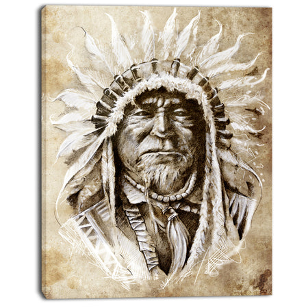 American Indian Head Tattoo Sketch - 16x32 Portrait Canvas Print