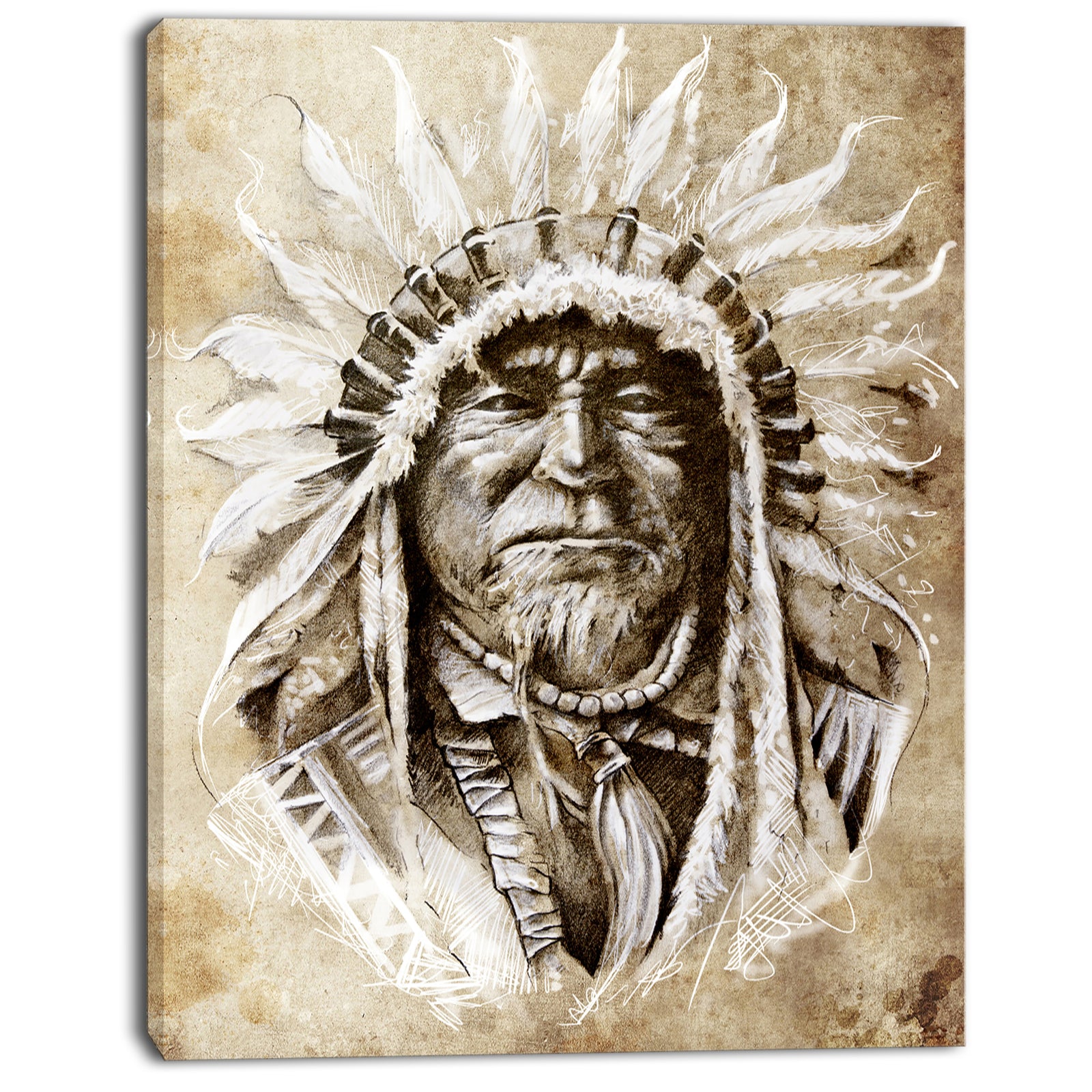 American Indian Head Tattoo Sketch - 16x32 Portrait Canvas Print