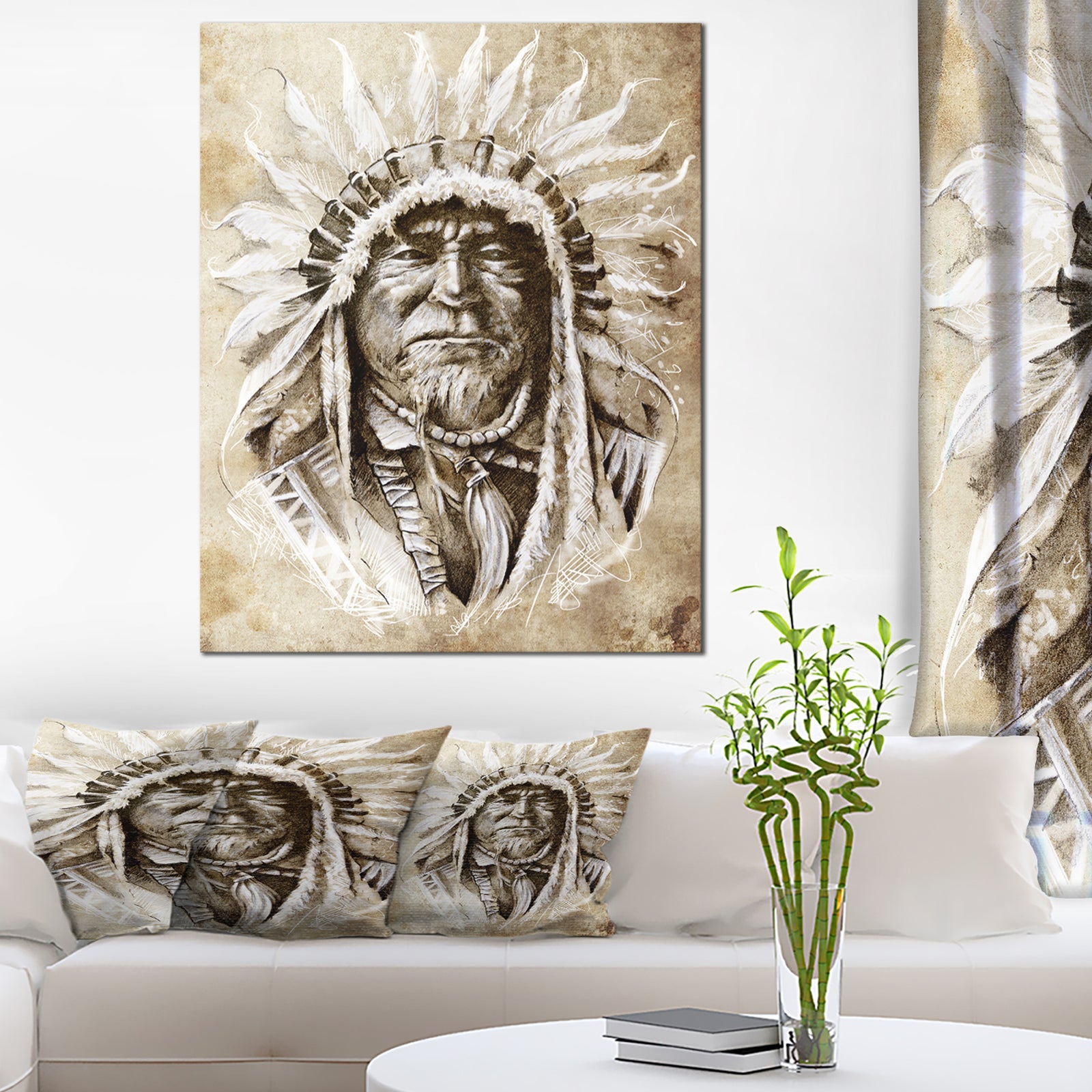 American Indian Head Tattoo Sketch - 16x32 Portrait Canvas Print