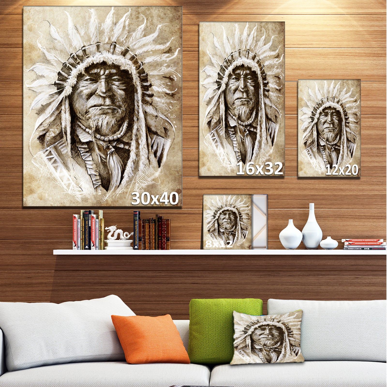 American Indian Head Tattoo Sketch - 16x32 Portrait Canvas Print