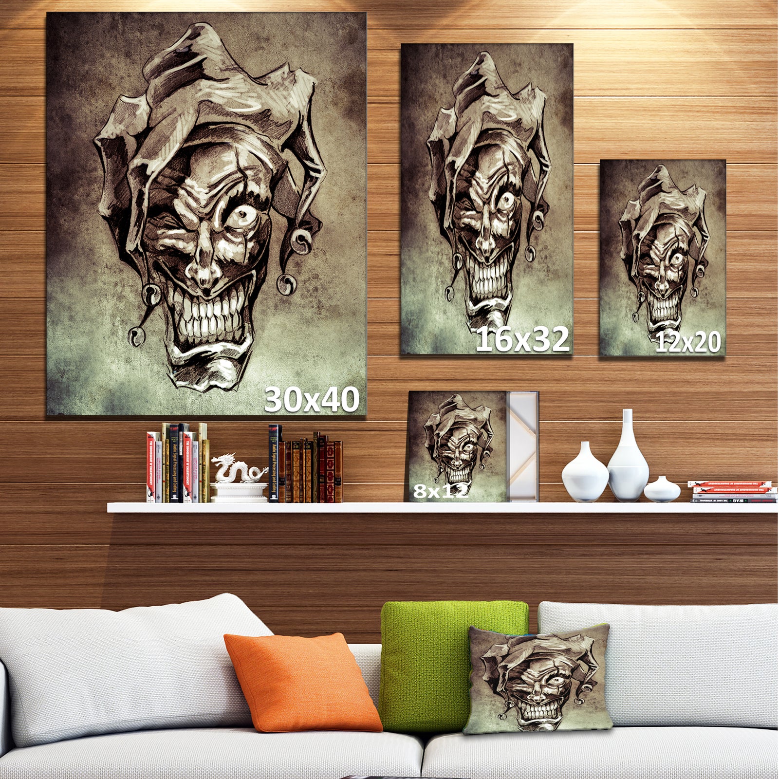 Fantasy Clown Joker Tattoo Sketch - 16x32 Digital Art Canvas Print