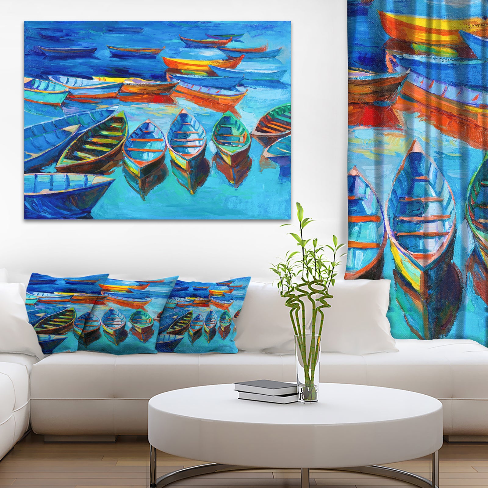 Boats in Blue Sea - Seascape Painting Canvas Print