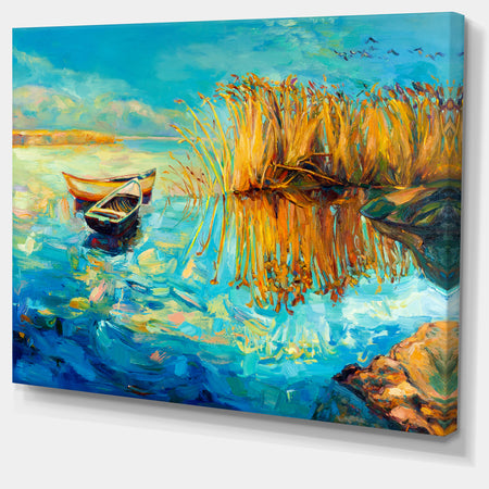 Colorful Lake with Boats - Seascape Painting Canvas Print