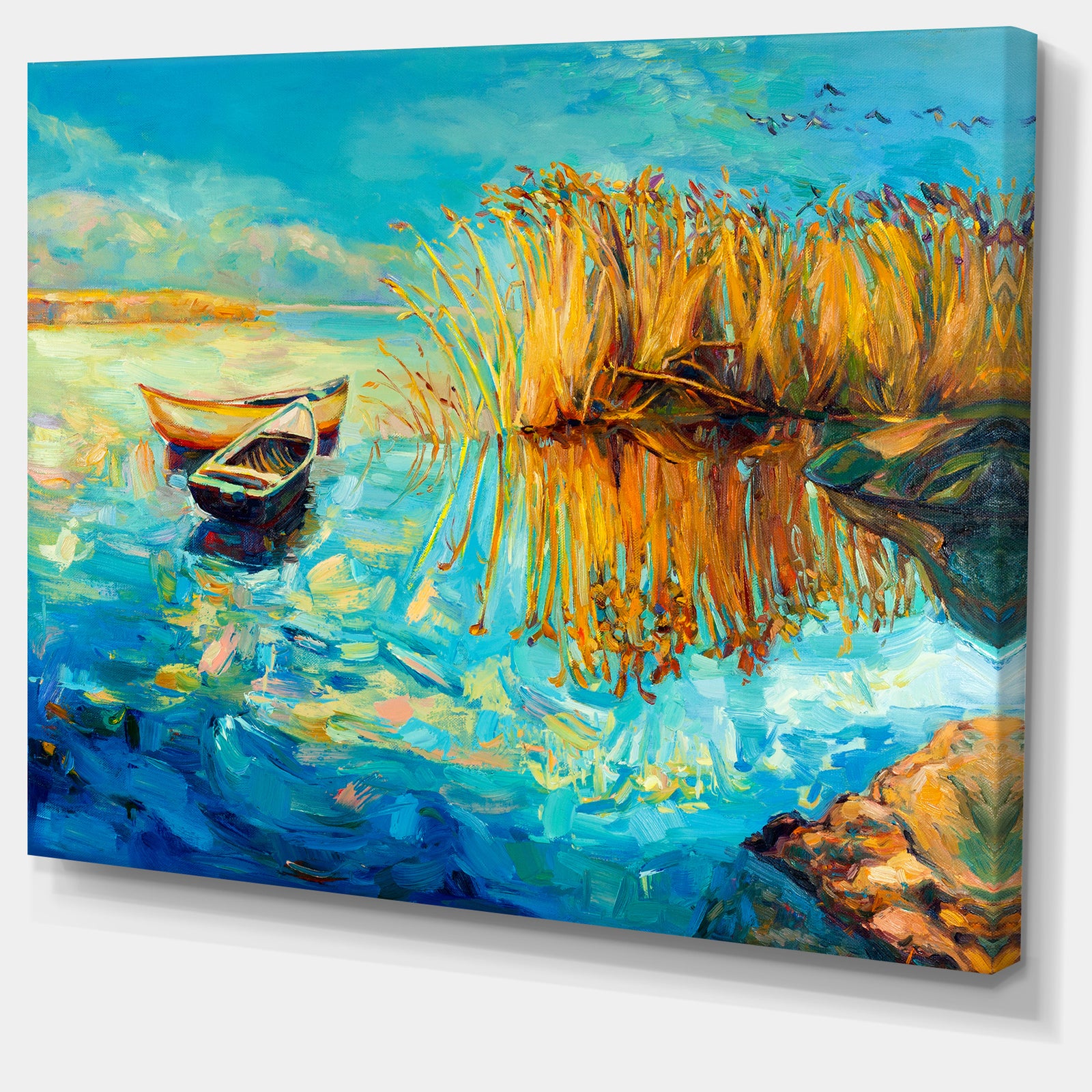 Colorful Lake with Boats - Seascape Painting Canvas Print