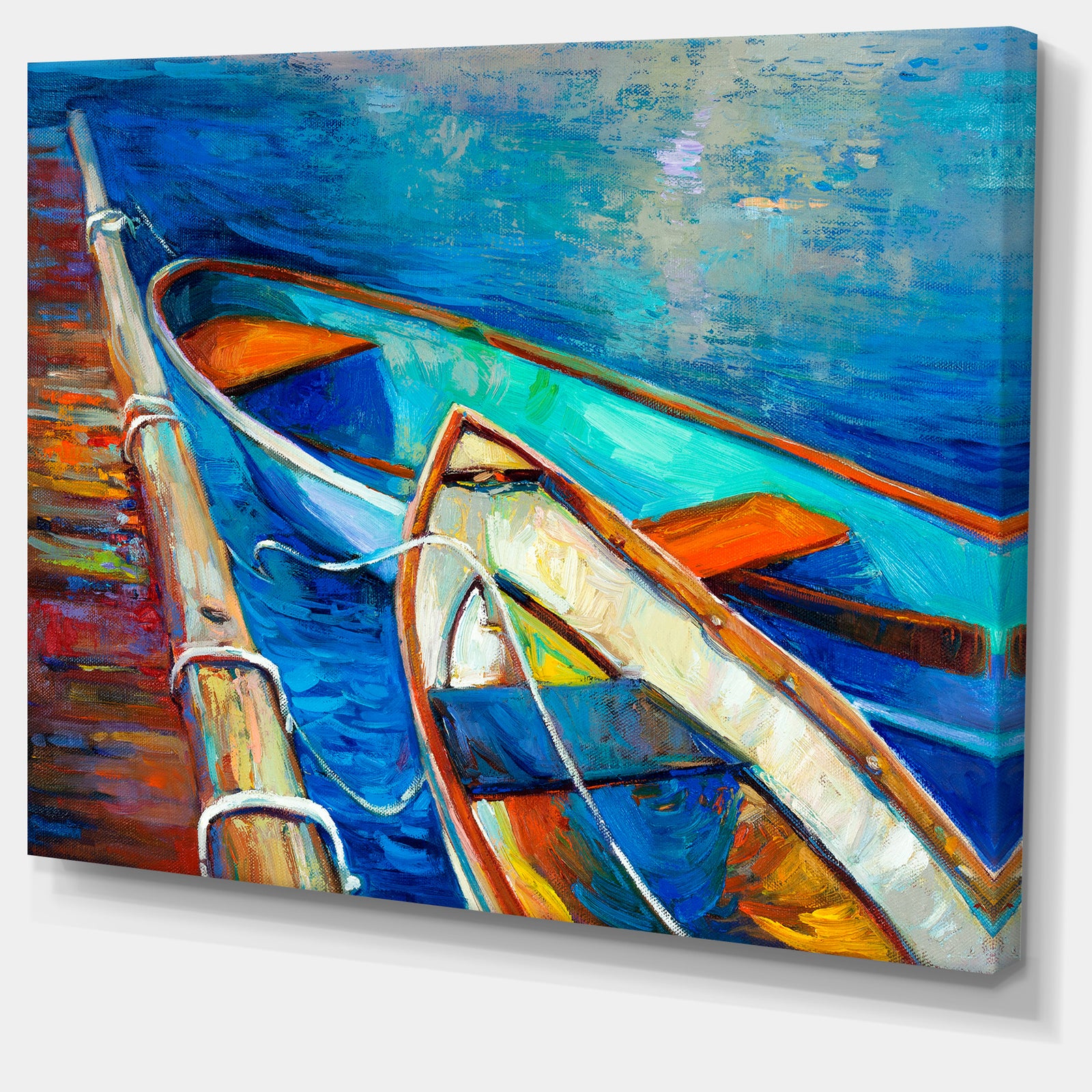 Boats and Pier in Blue Shade - Seascape Painting Canvas Print