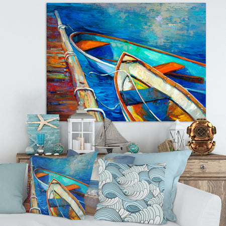 Boats and Pier in Blue Shade - Seascape Painting Canvas Print