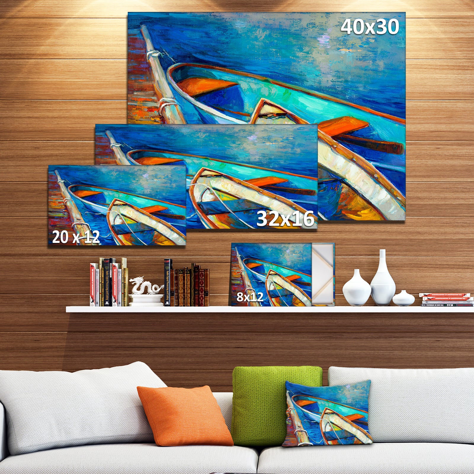 Boats and Pier in Blue Shade - Seascape Painting Canvas Print