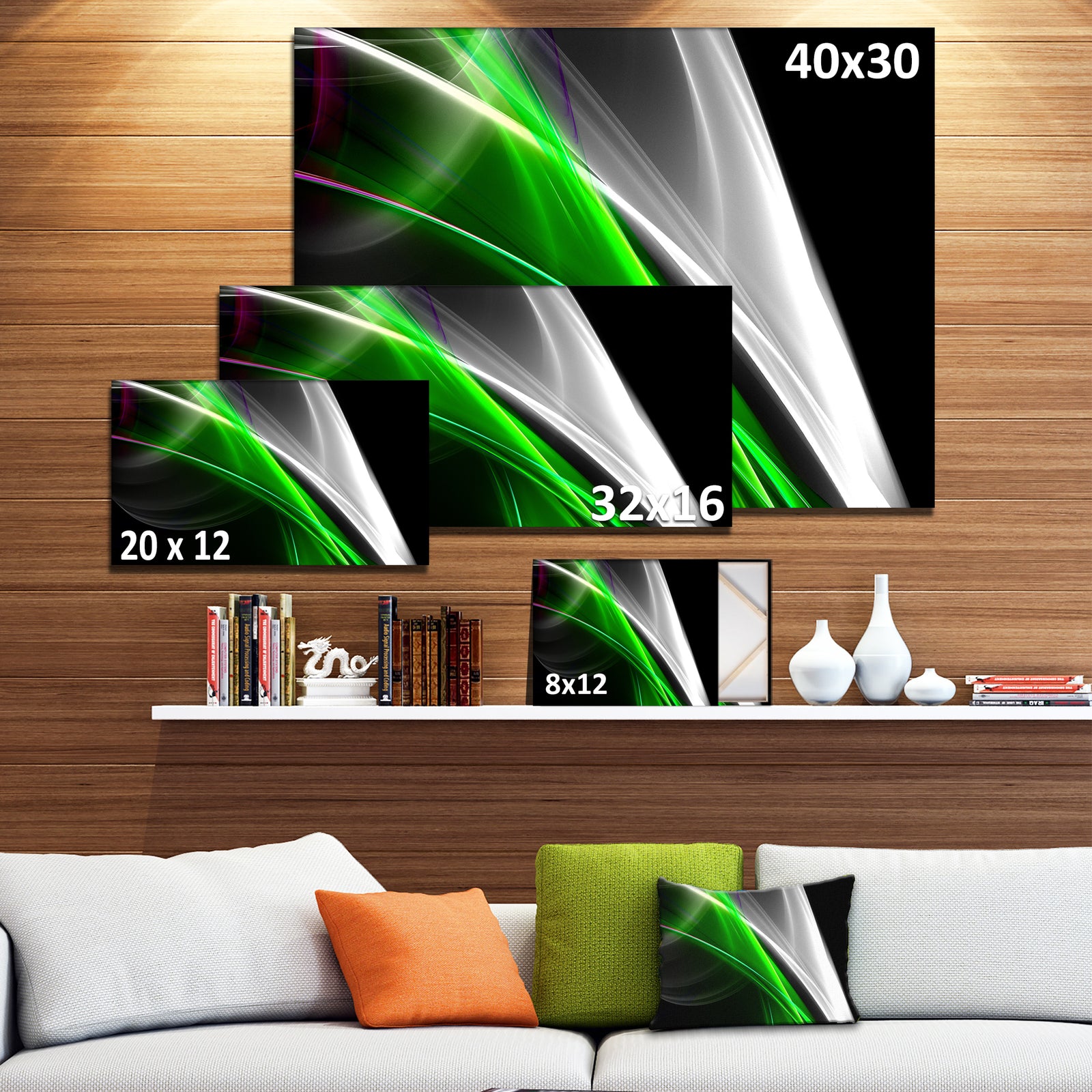 Fractal Lines Green White - Abstract Digital Art Canvas Print