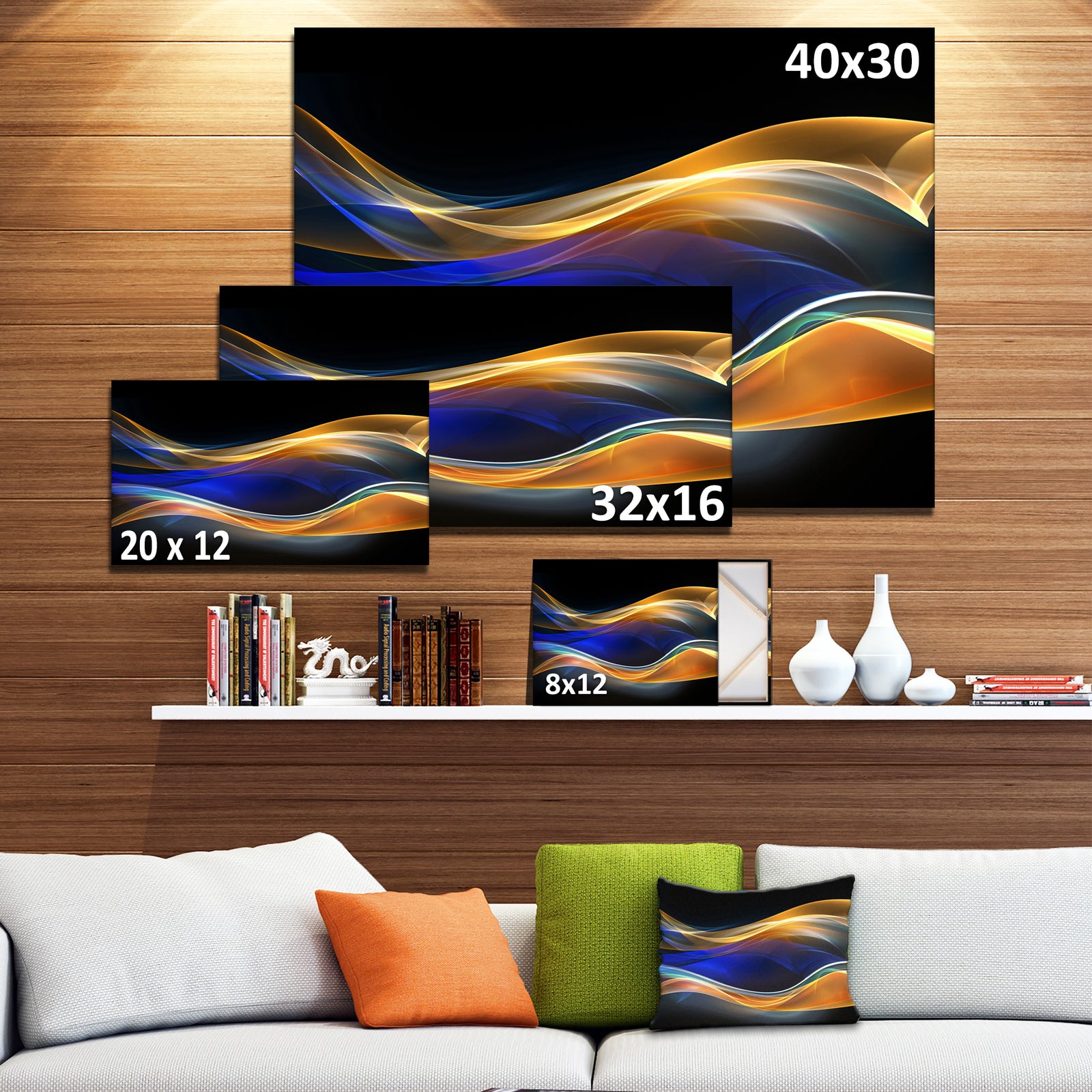 3D Gold Blue Wave Design - Abstract Digital Art Canvas Print