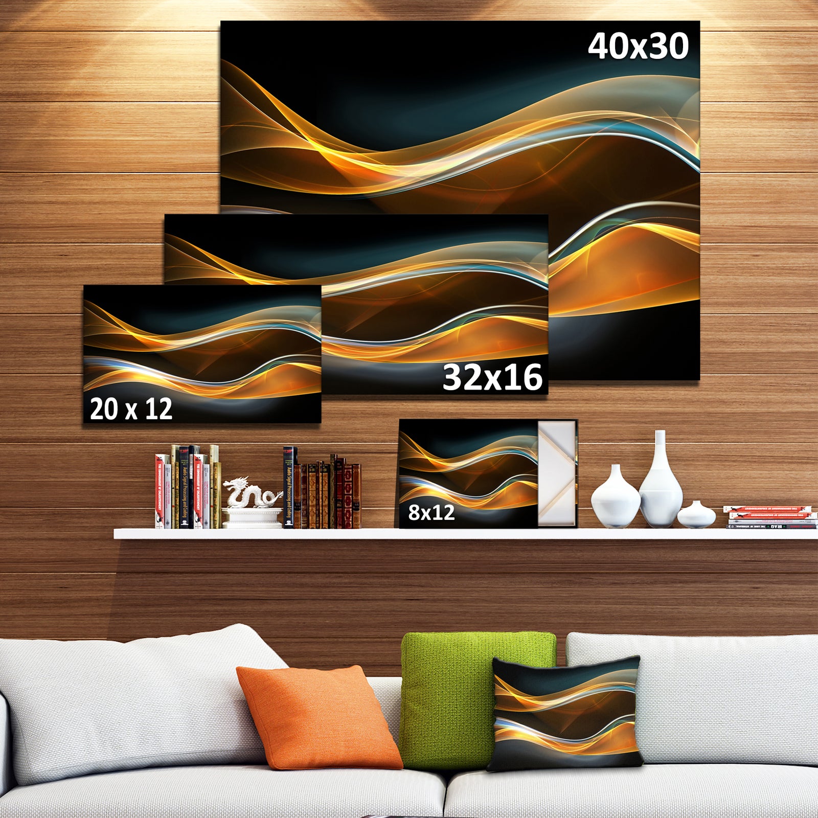 3D Gold Waves in Black - Abstract Canvas art print