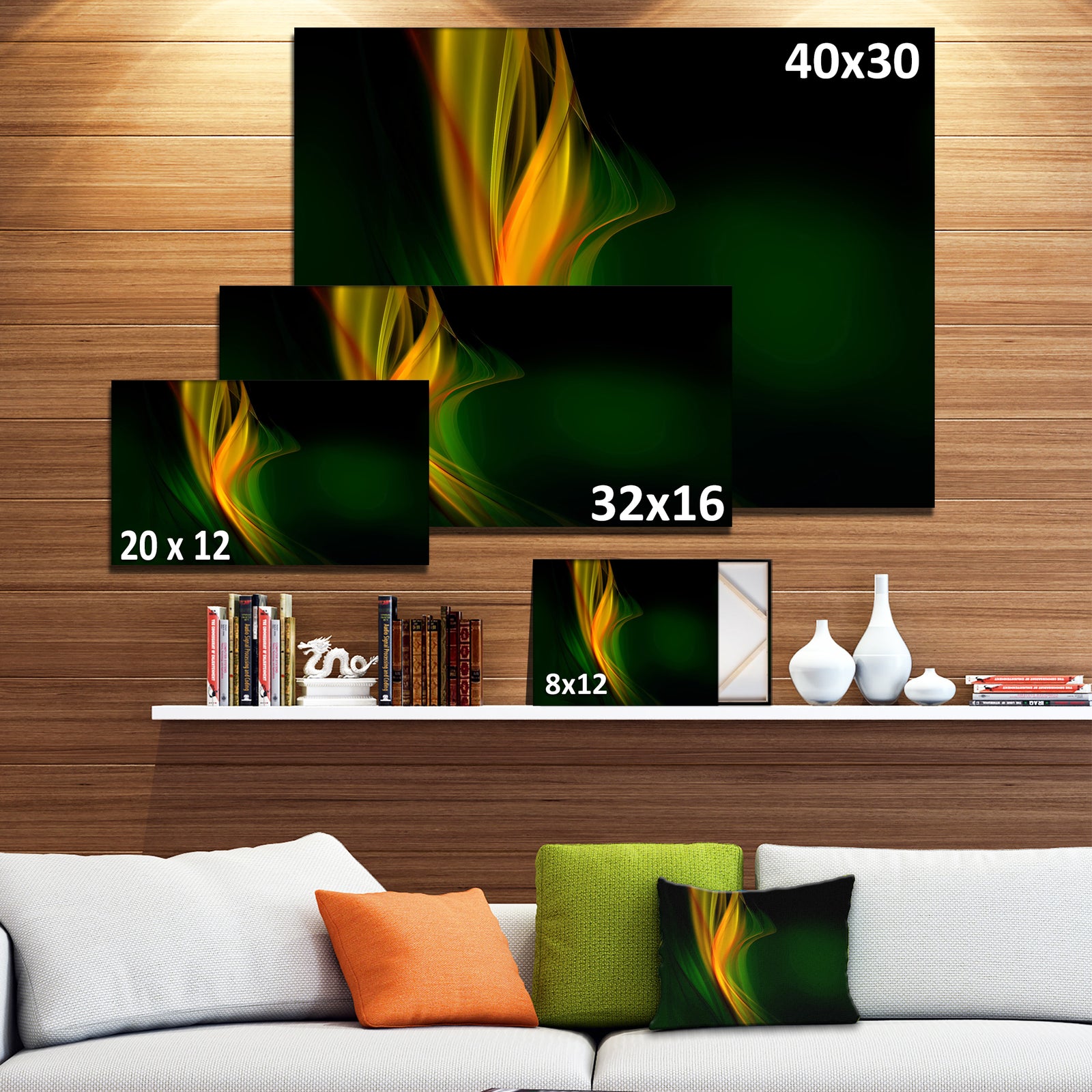 Green Gold Upright Waves - Abstract Digital Art Canvas Print