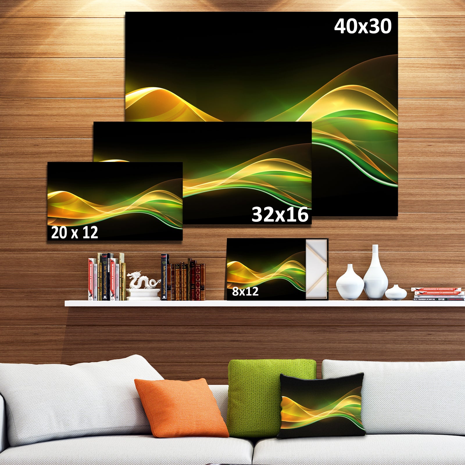 3D Gold Green Wave Design - Abstract Digital Art Canvas Print