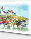 Buildings in Green Meadow - Landscape Painting Canvas Print