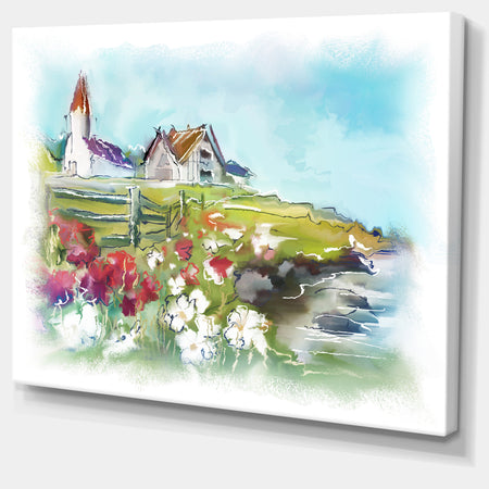 Buildings in Green Meadow - Landscape Painting Canvas Print