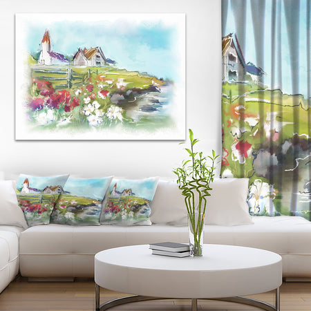 Buildings in Green Meadow - Landscape Painting Canvas Print