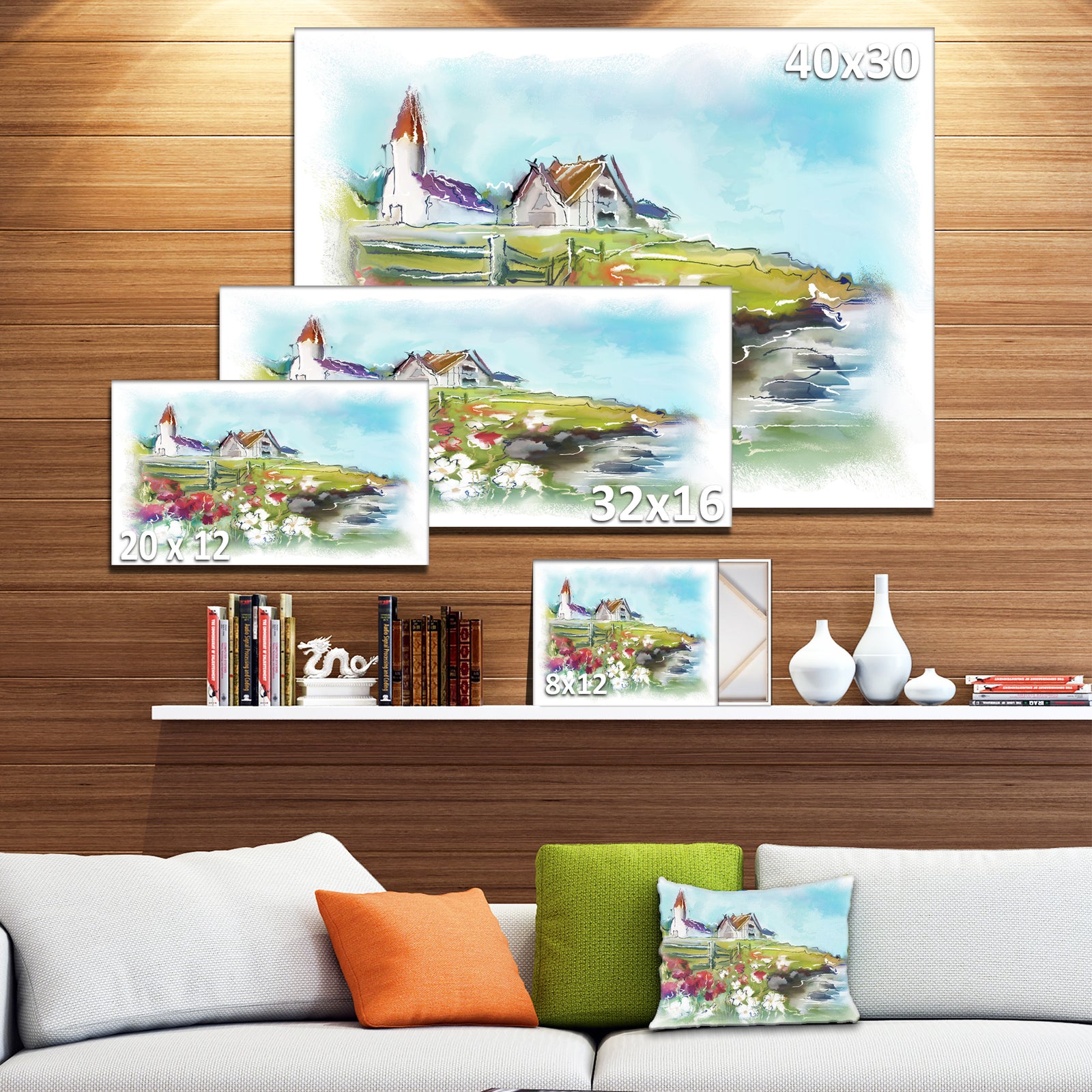 Buildings in Green Meadow - Landscape Painting Canvas Print