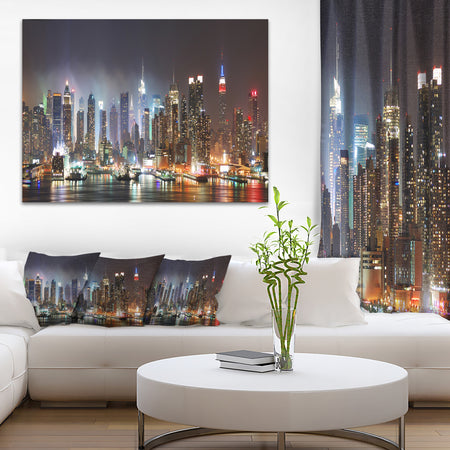 Lit NYC Manhattan Skyline - Cityscape Photo Canvas Print