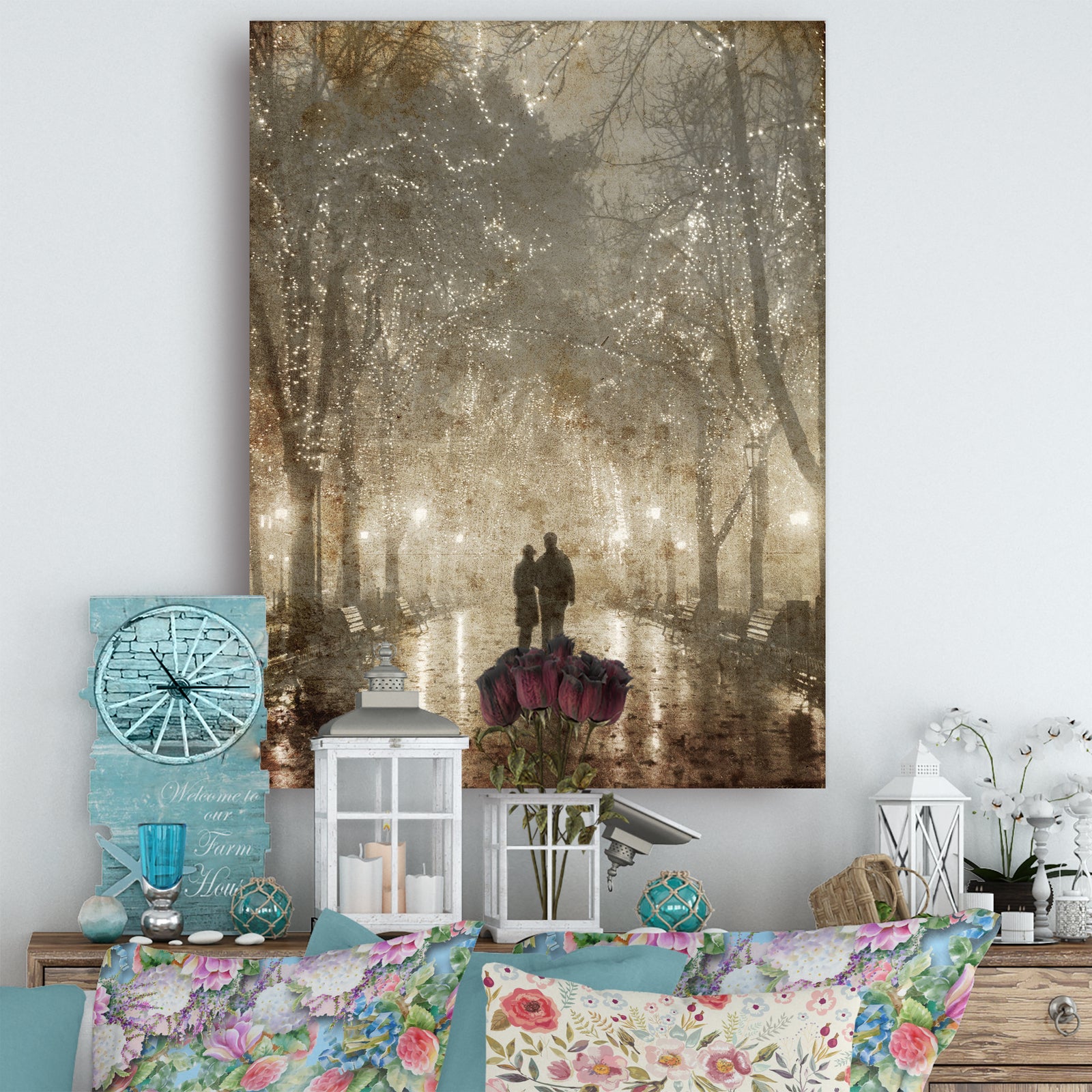 Couple Walking in Night Lights - Landscape Photography Canvas Print