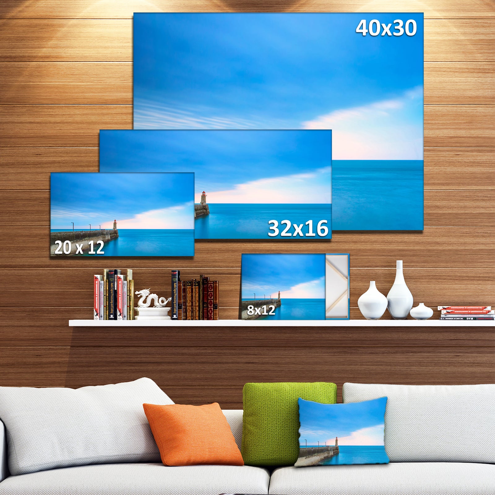 Pier and Lightour in Sunset - Seascape Photo Canvas Print