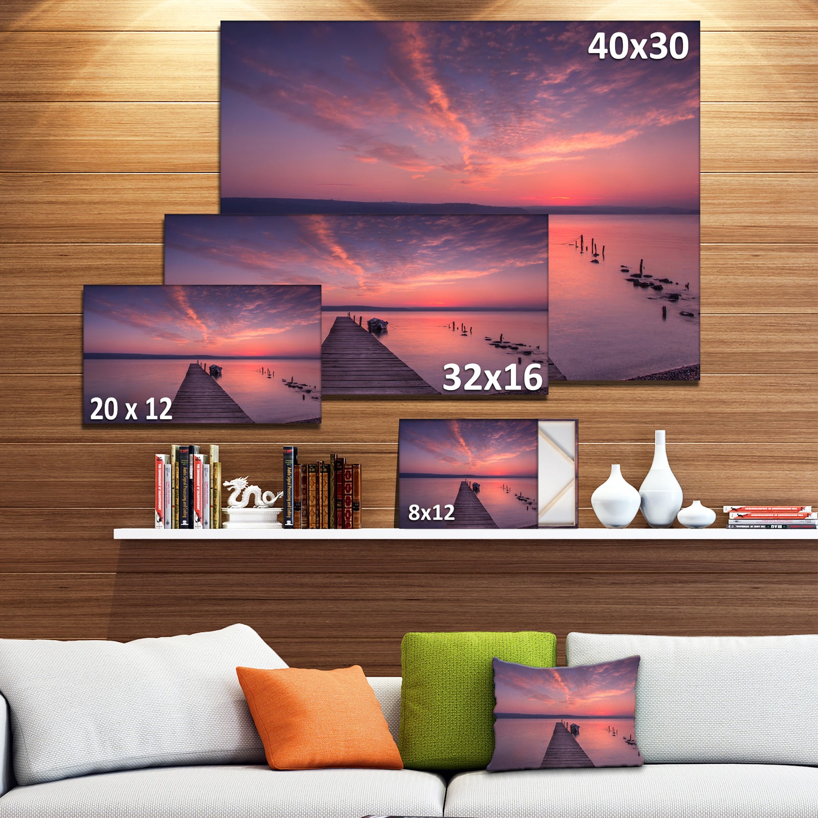 Wooden Pier Under Red Sky - Seascape Photo Canvas Print