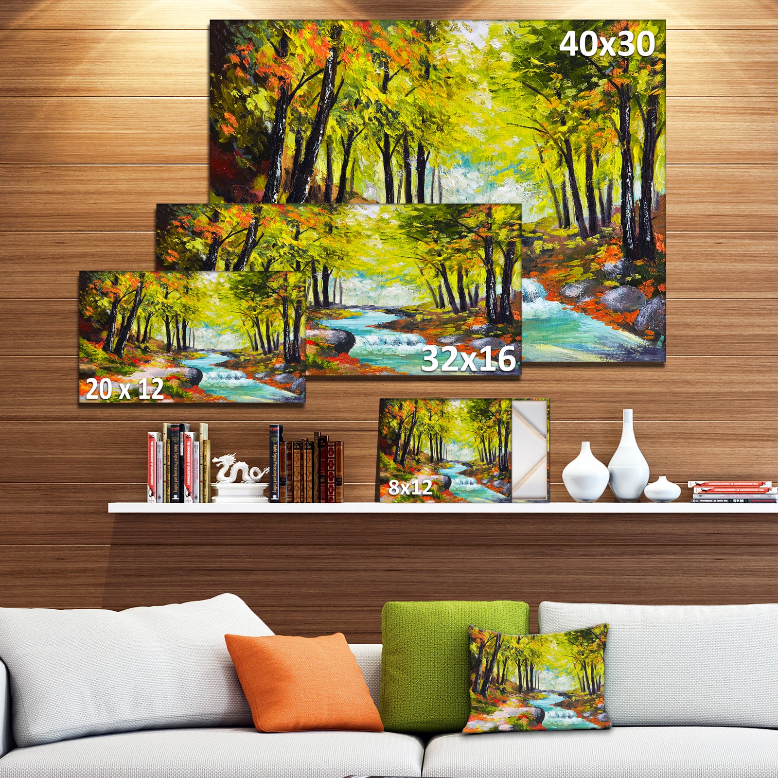 River in Green Autumn Forest - Landscape Painting Canvas Print