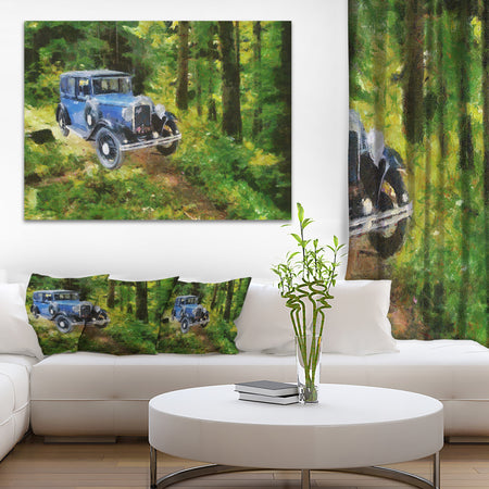Blue Vintage Car Oil Painting - Canvas Print