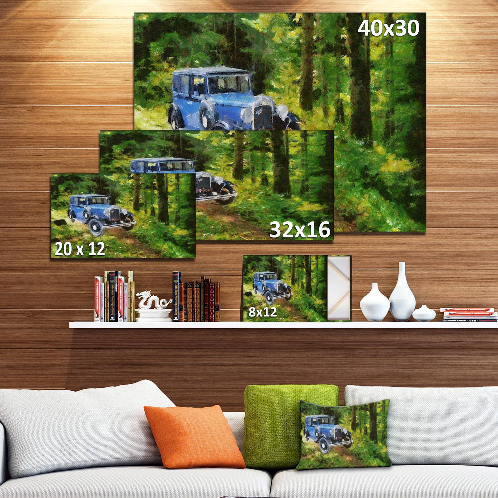 Blue Vintage Car Oil Painting - Canvas Print