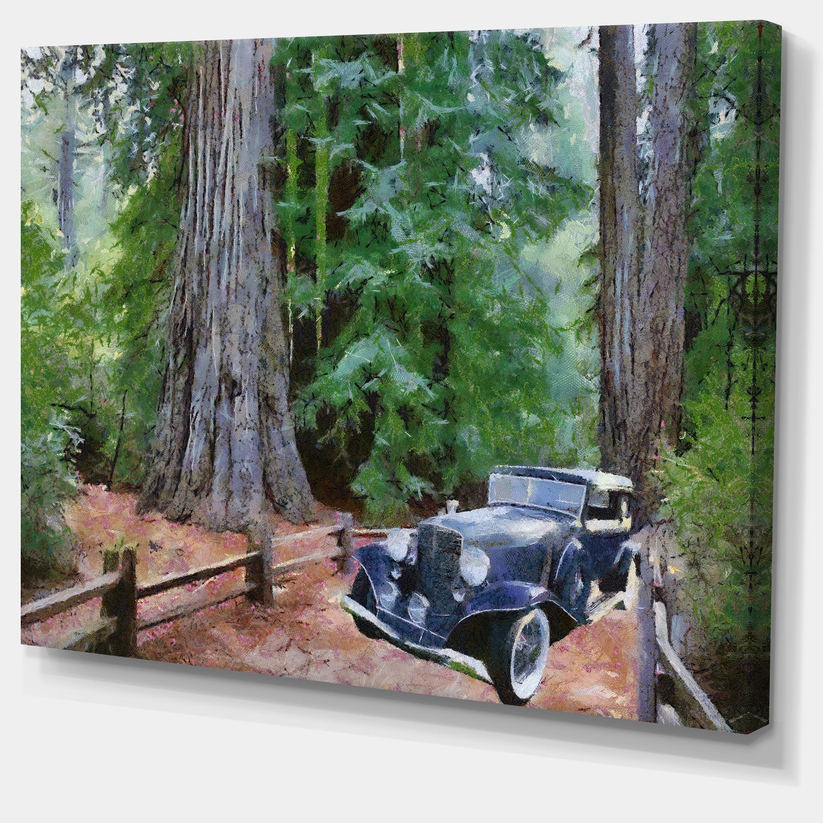 Vintage Car in Forest - Landscape Painting Canvas Print
