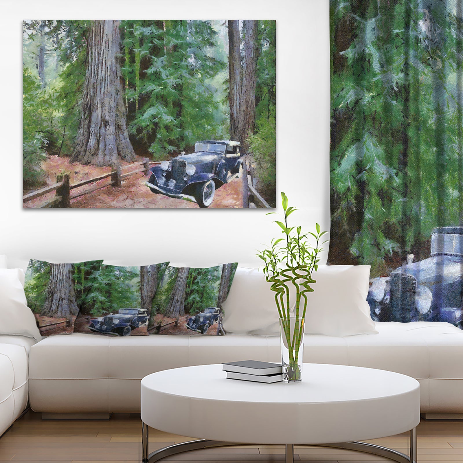 Vintage Car in Forest - Landscape Painting Canvas Print
