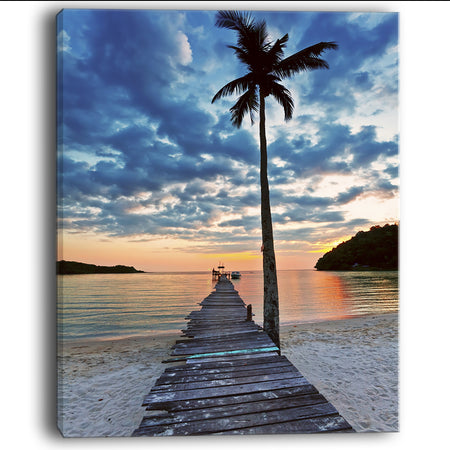 Wooden Pier and Palm Tree - Seashore Photo Canvas Art Print