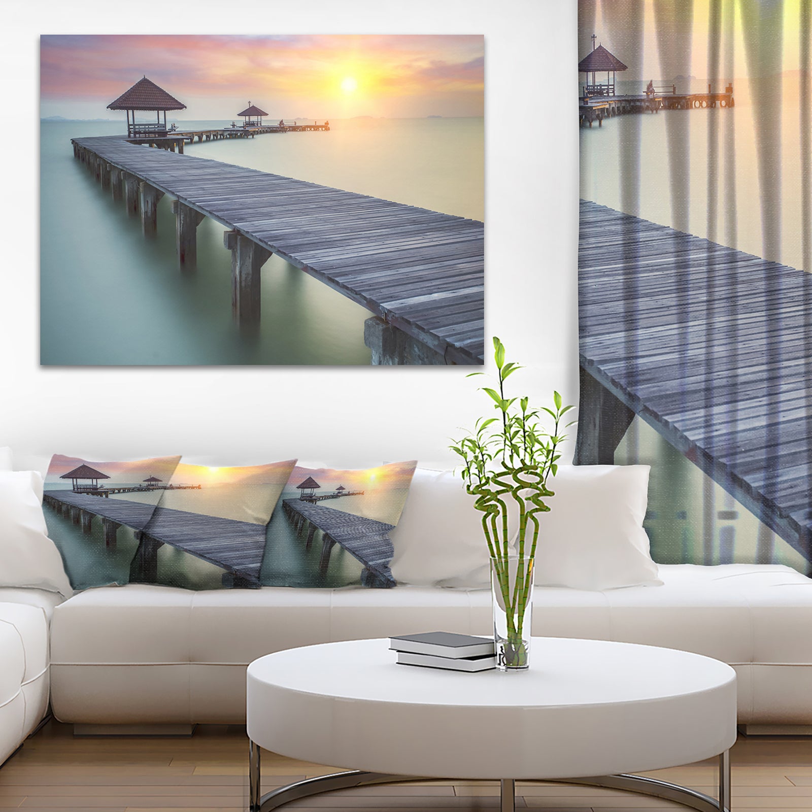 Wooden Sea Bridge and Sunset - Seashore Photo Canvas Print