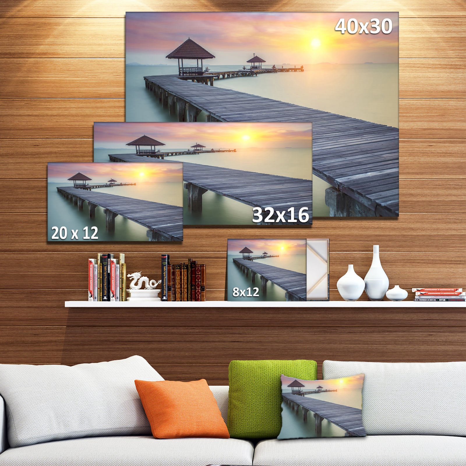 Wooden Sea Bridge and Sunset - Seashore Photo Canvas Print
