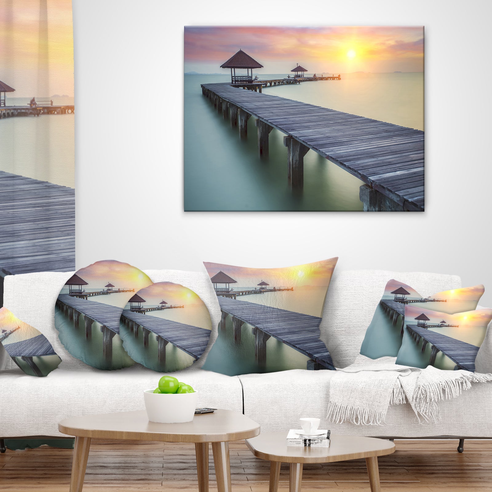 Wooden Sea Bridge and Sunset - Seashore Photo Canvas Print