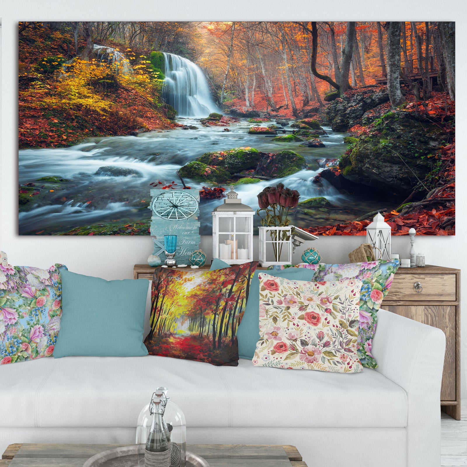 Autumn Mountain Waterfall Long View - Landscape Photography Canvas Print
