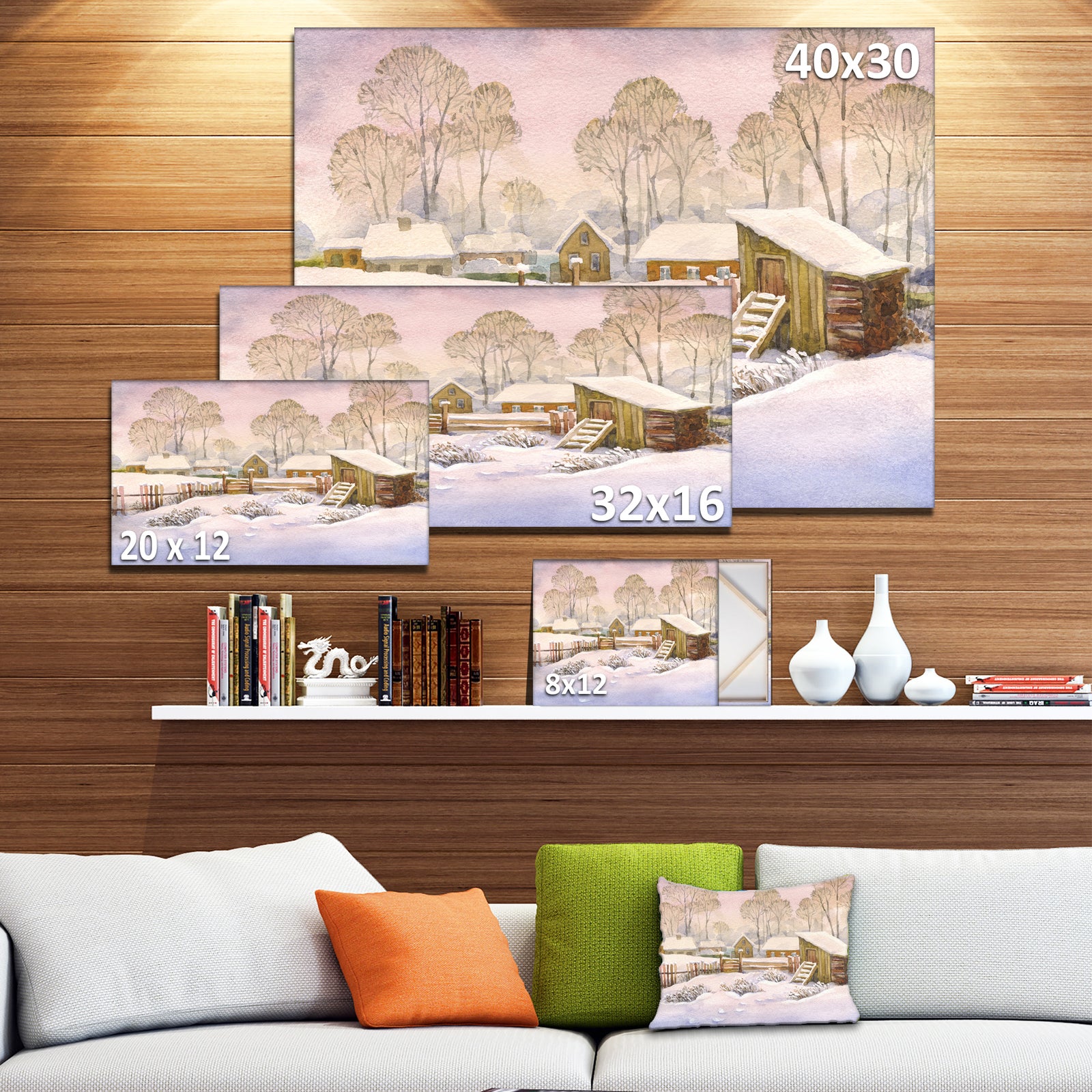 Old Winter Village - Landscape Watercolor Canvas Art Print