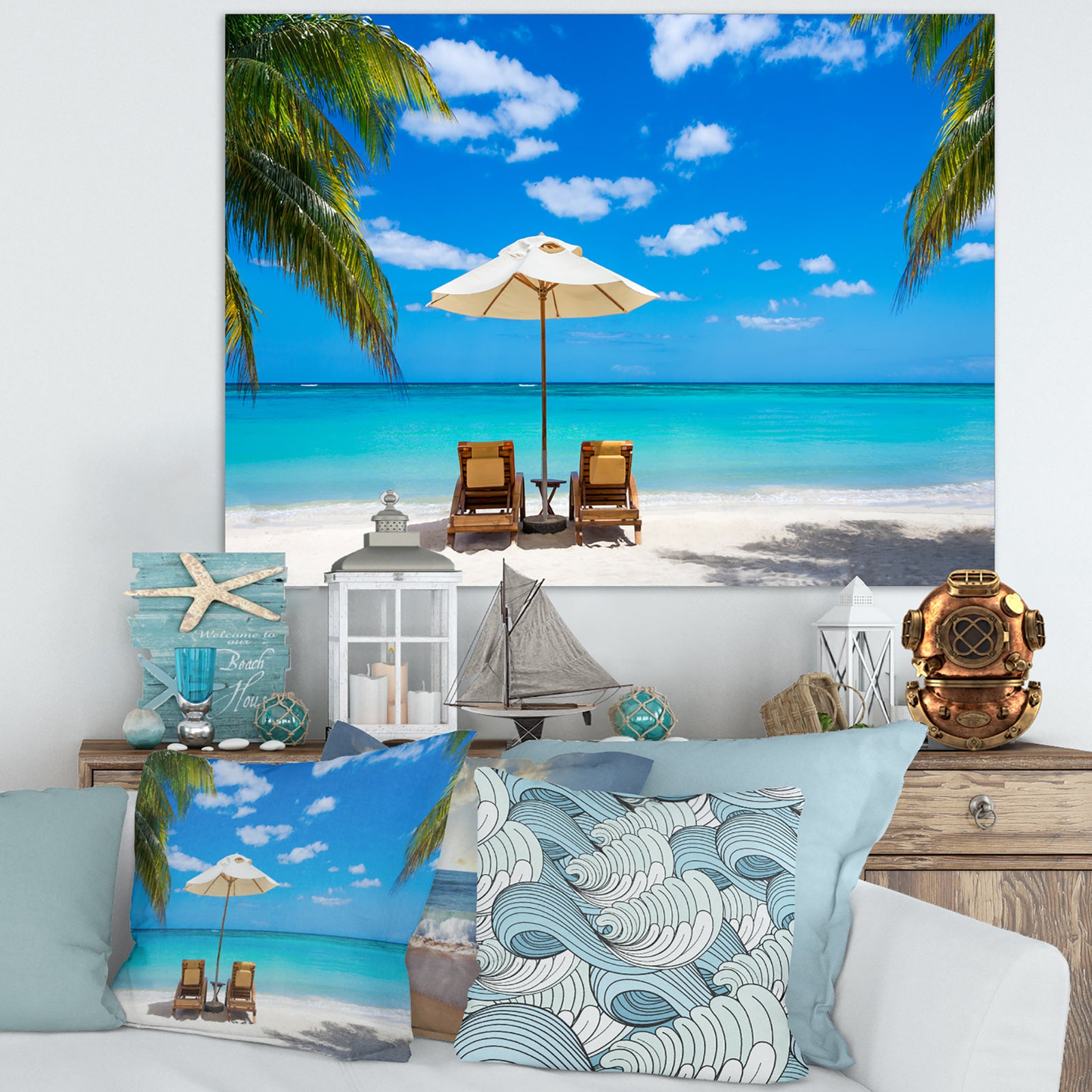 Turquoise Beach with Chairs - Seashore Photo Canvas Print