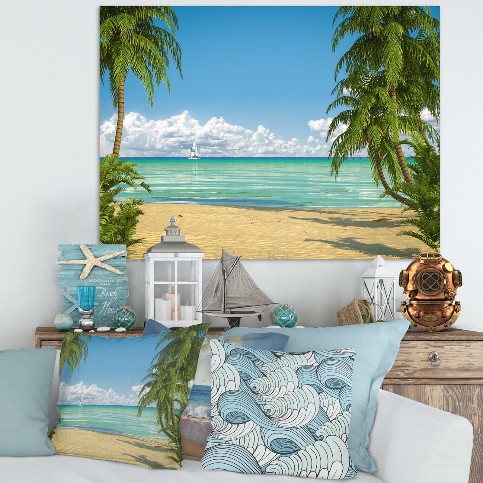 Palms at Caribbean Beach - Seashore Photo Canvas Art Print