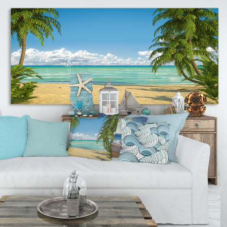 Palms at Caribbean Beach - Seashore Photo Canvas Art Print